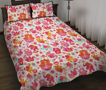 Girly Elephant And Hamsa Pattern Print Quilt Bed Set