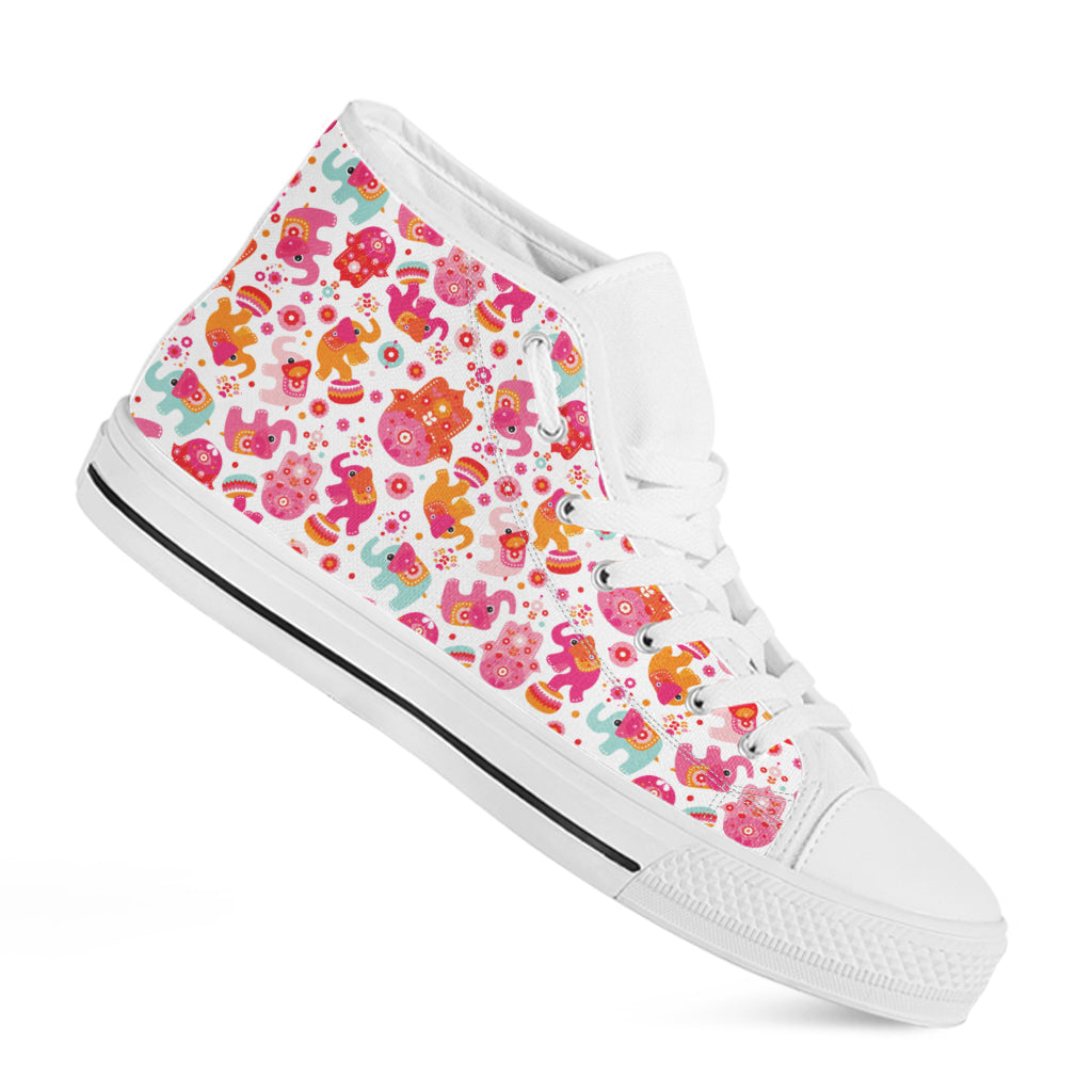 Girly Elephant And Hamsa Pattern Print White High Top Shoes