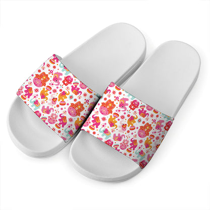 Girly Elephant And Hamsa Pattern Print White Slide Sandals
