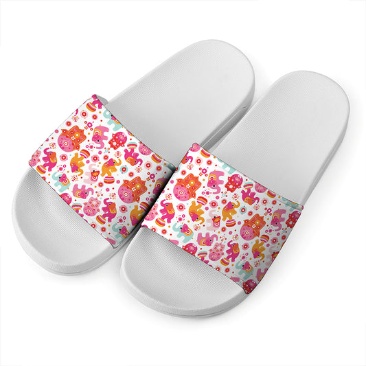 Girly Elephant And Hamsa Pattern Print White Slide Sandals