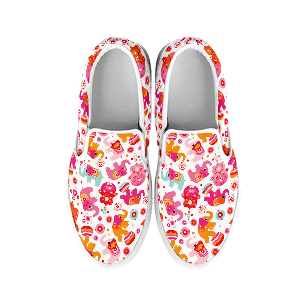 Girly Elephant And Hamsa Pattern Print White Slip On Shoes