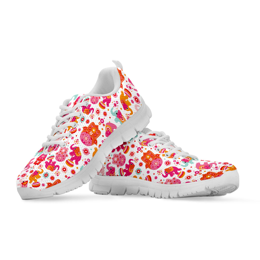 Girly Elephant And Hamsa Pattern Print White Sneakers