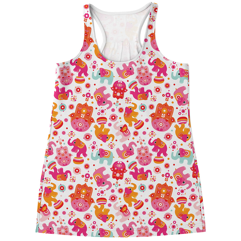 Girly Elephant And Hamsa Pattern Print Women's Racerback Tank Top