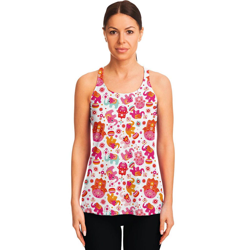 Girly Elephant And Hamsa Pattern Print Women's Racerback Tank Top