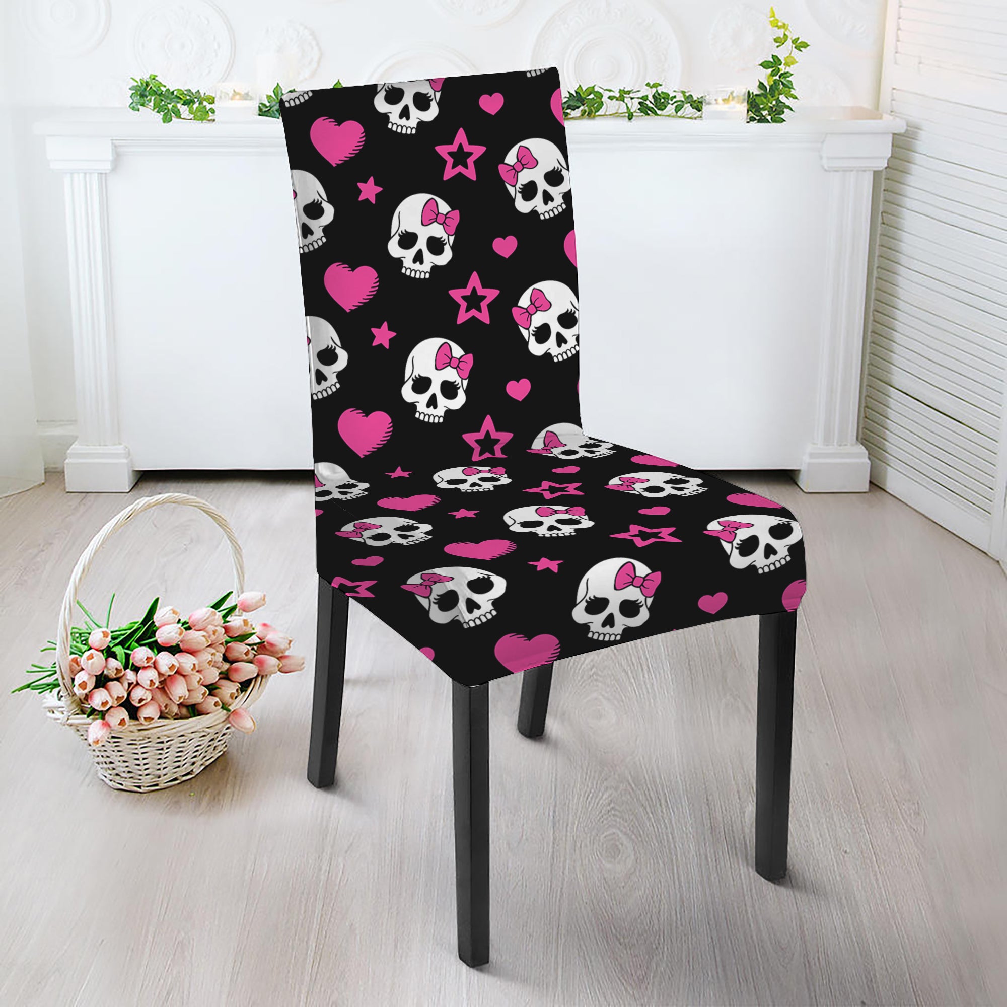 Girly Emo Skull Pattern Print Dining Chair Slipcover