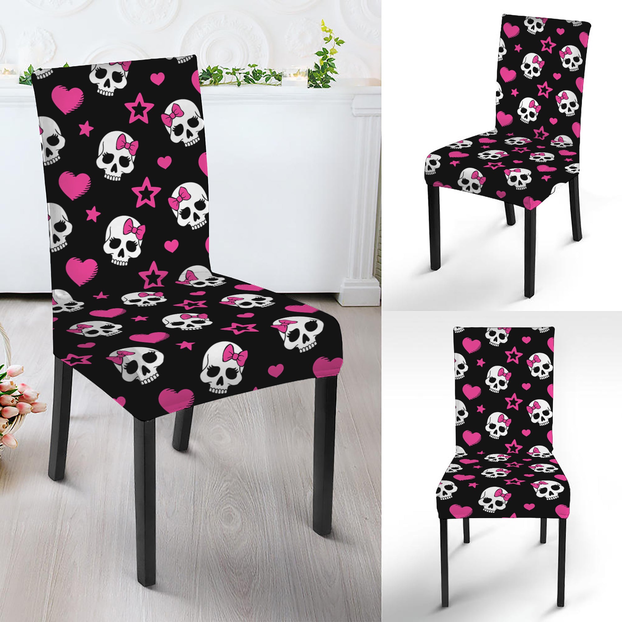 Girly Emo Skull Pattern Print Dining Chair Slipcover