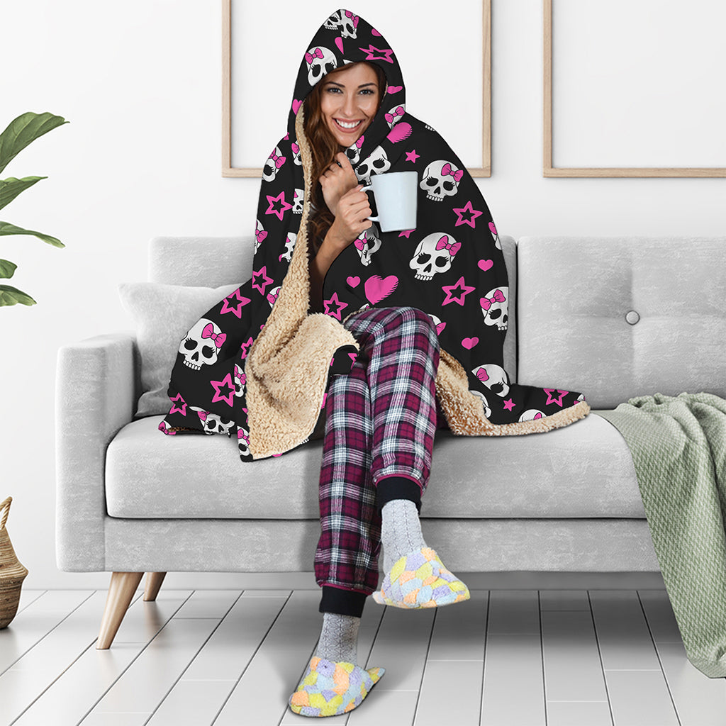 Girly Emo Skull Pattern Print Hooded Blanket