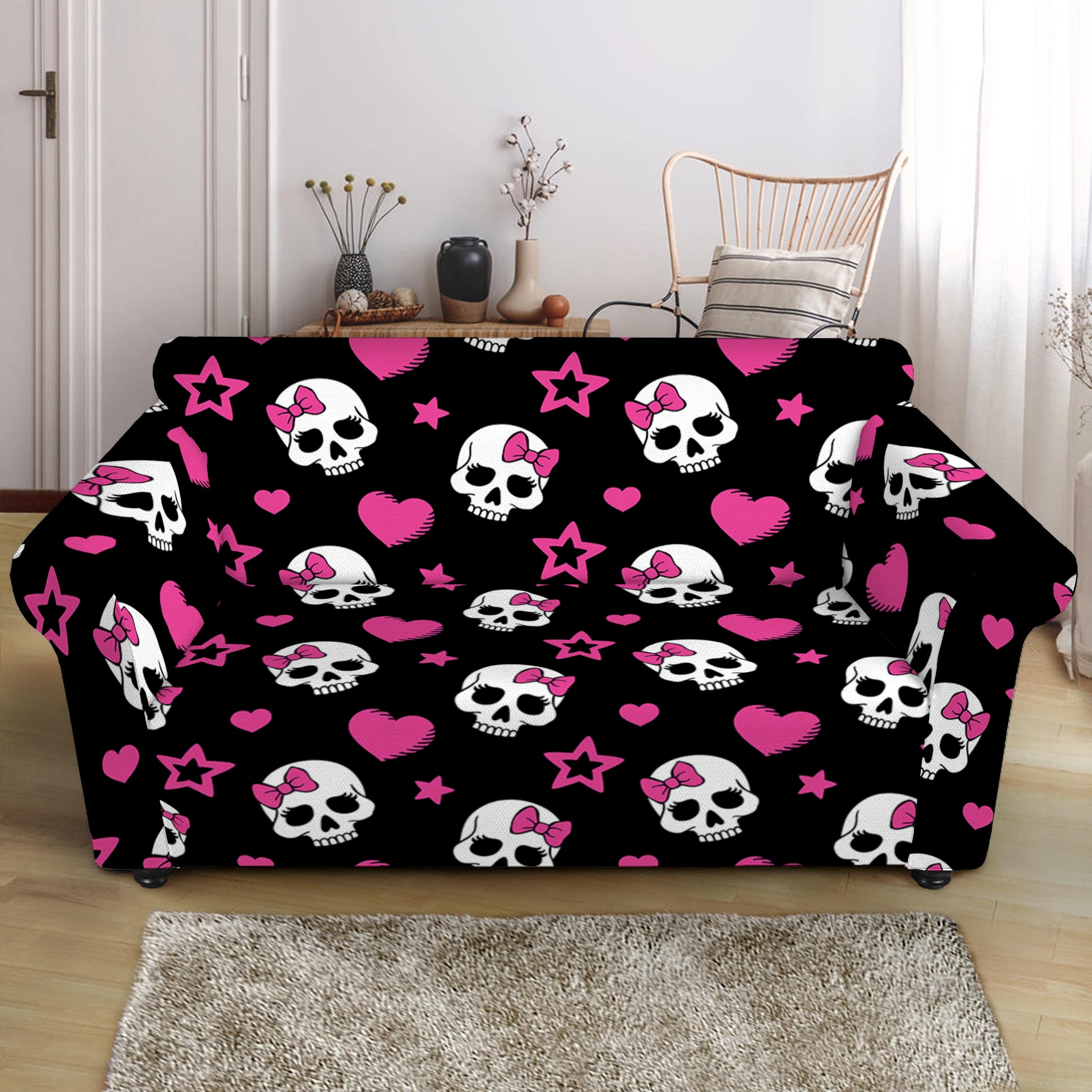 Girly Emo Skull Pattern Print Loveseat Slipcover