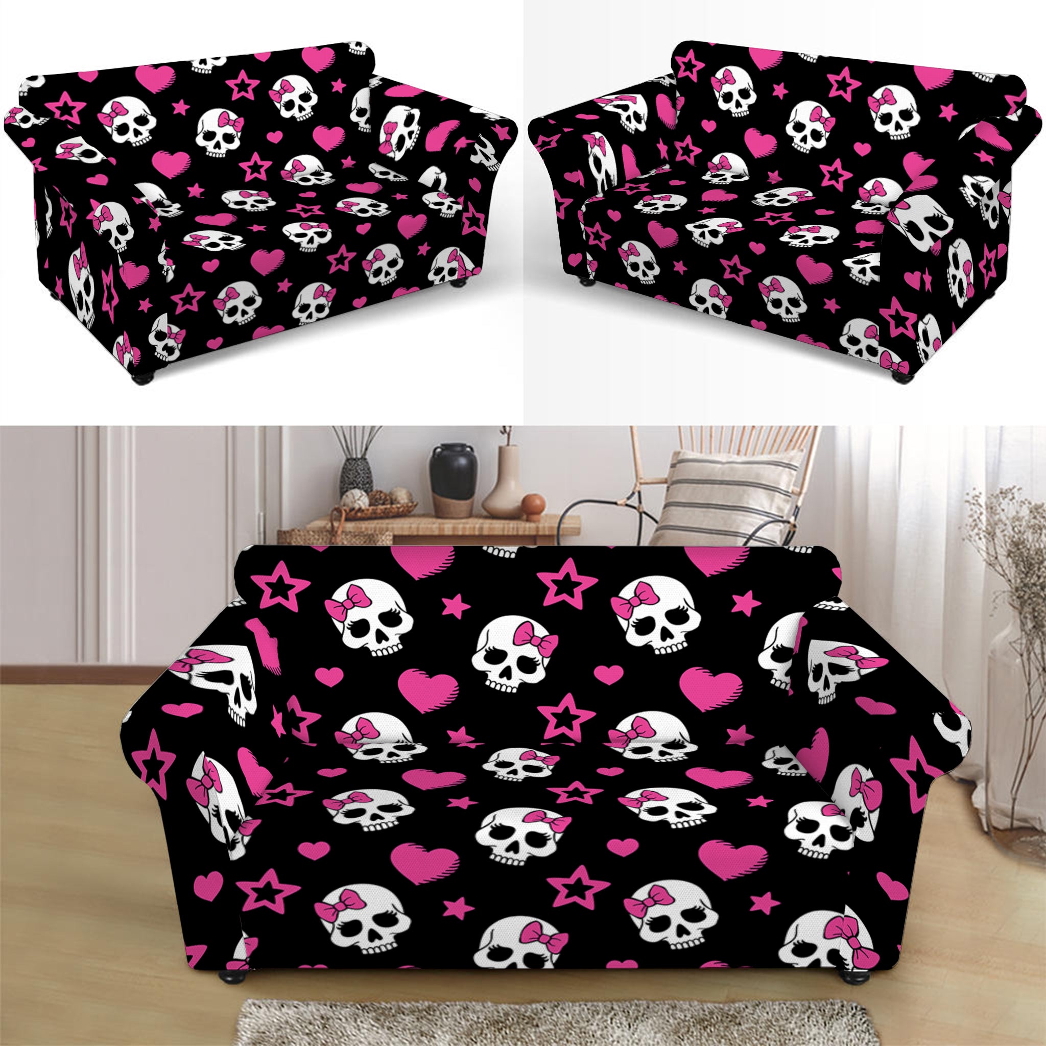 Girly Emo Skull Pattern Print Loveseat Slipcover