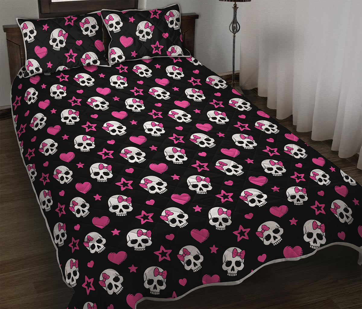 Girly Emo Skull Pattern Print Quilt Bed Set
