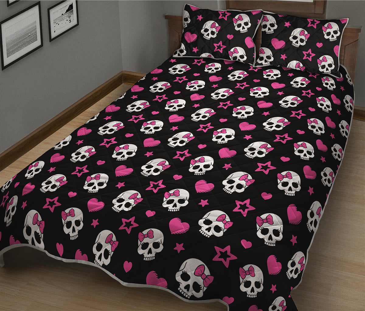 Girly Emo Skull Pattern Print Quilt Bed Set
