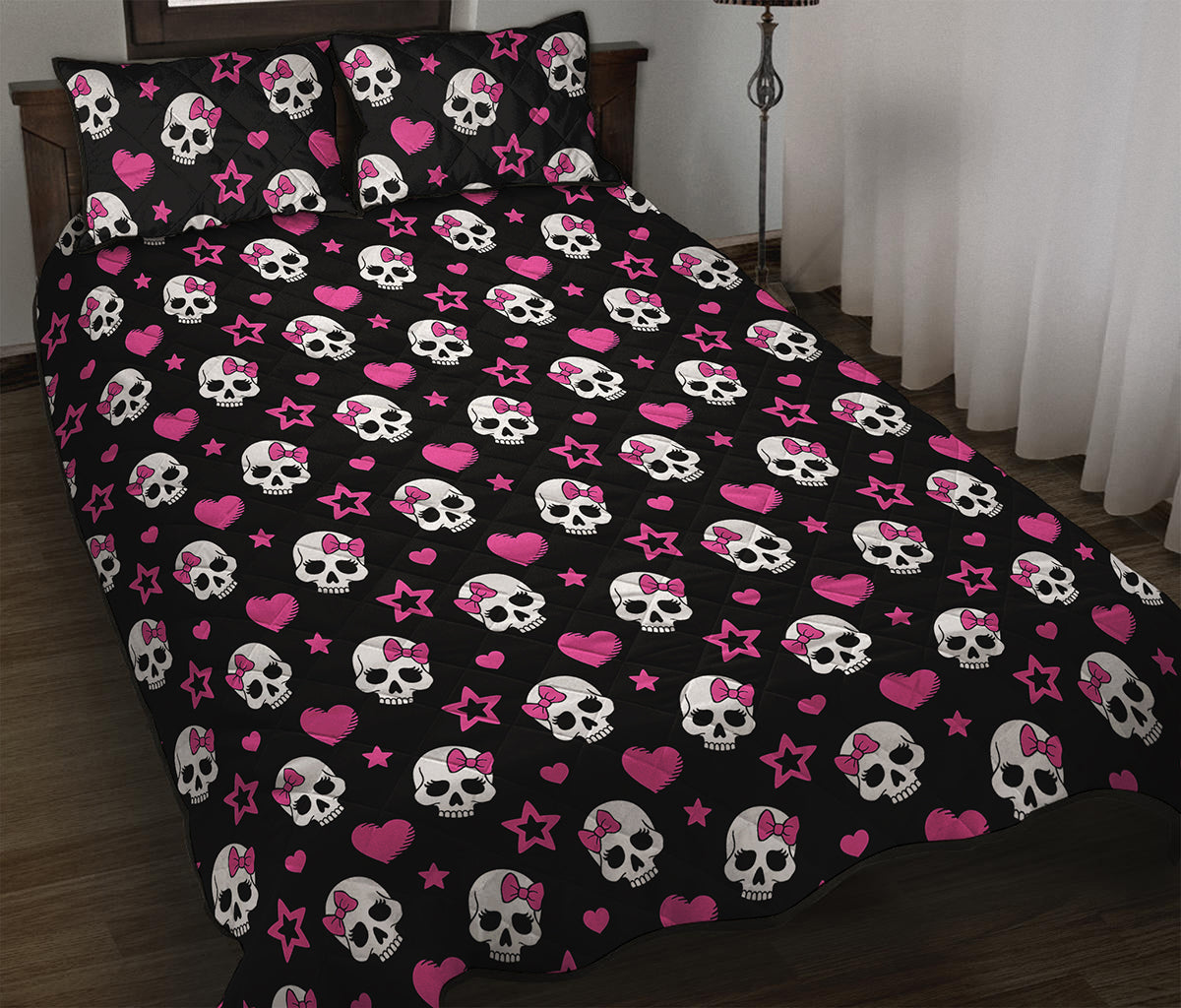 Girly Emo Skull Pattern Print Quilt Bed Set