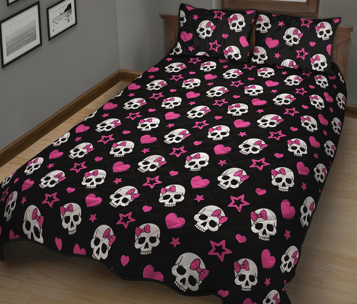 Girly Emo Skull Pattern Print Quilt Bed Set