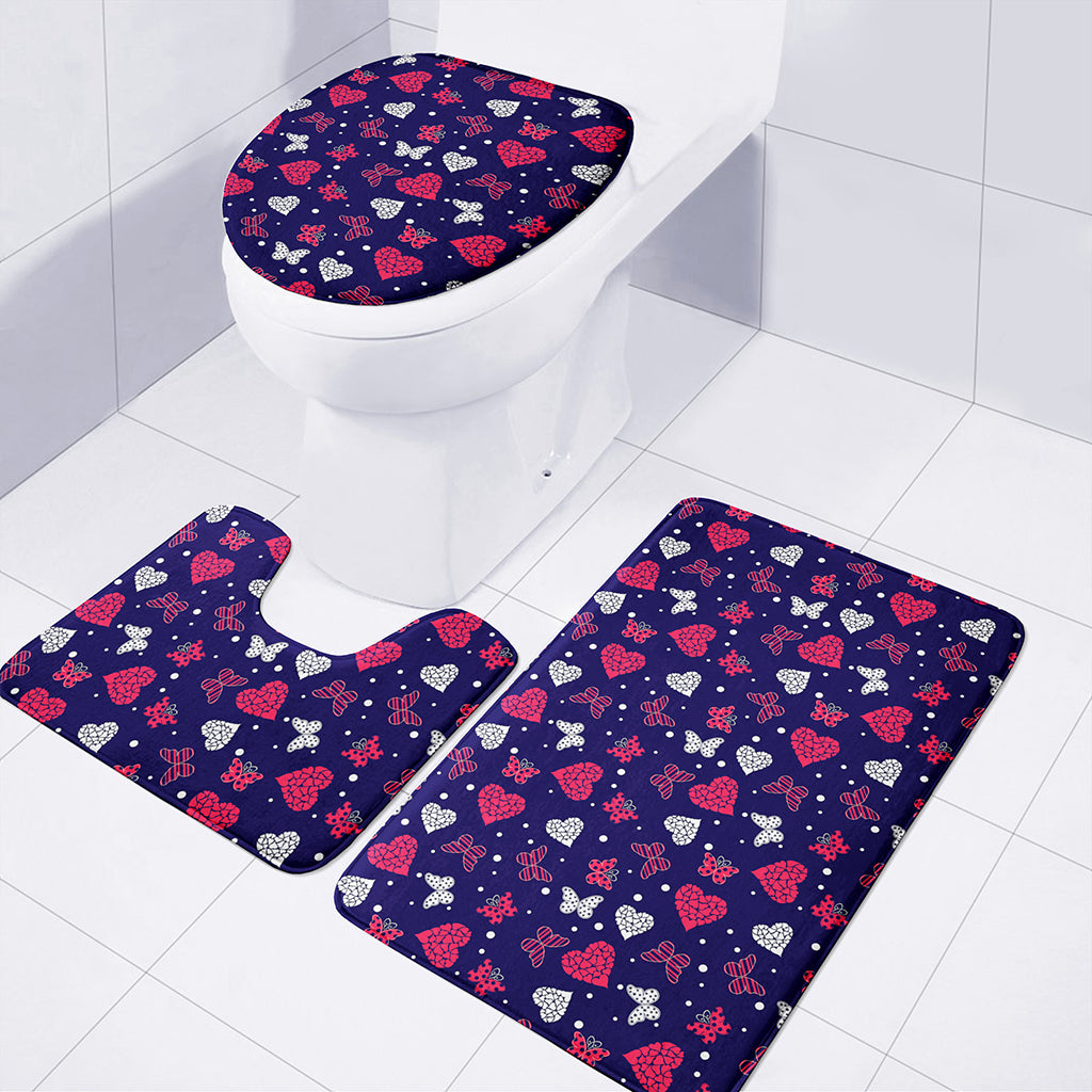 Girly Heart And Butterfly Pattern Print 3 Piece Bath Mat Set
