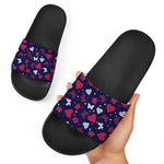 Girly Heart And Butterfly Pattern Print Black Slide Sandals