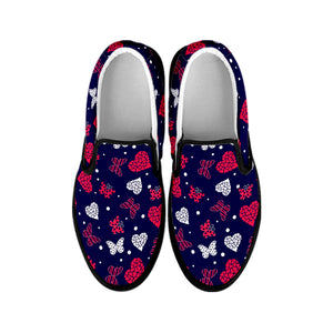 Girly Heart And Butterfly Pattern Print Black Slip On Shoes