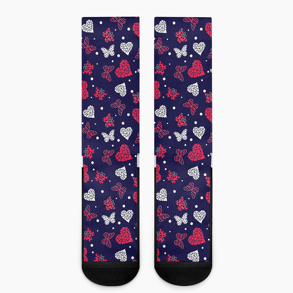 Girly Heart And Butterfly Pattern Print Crew Socks