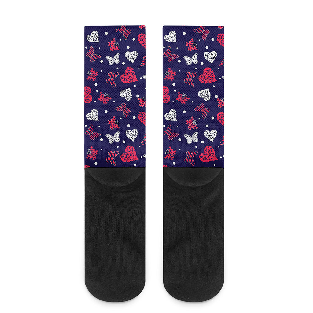 Girly Heart And Butterfly Pattern Print Crew Socks