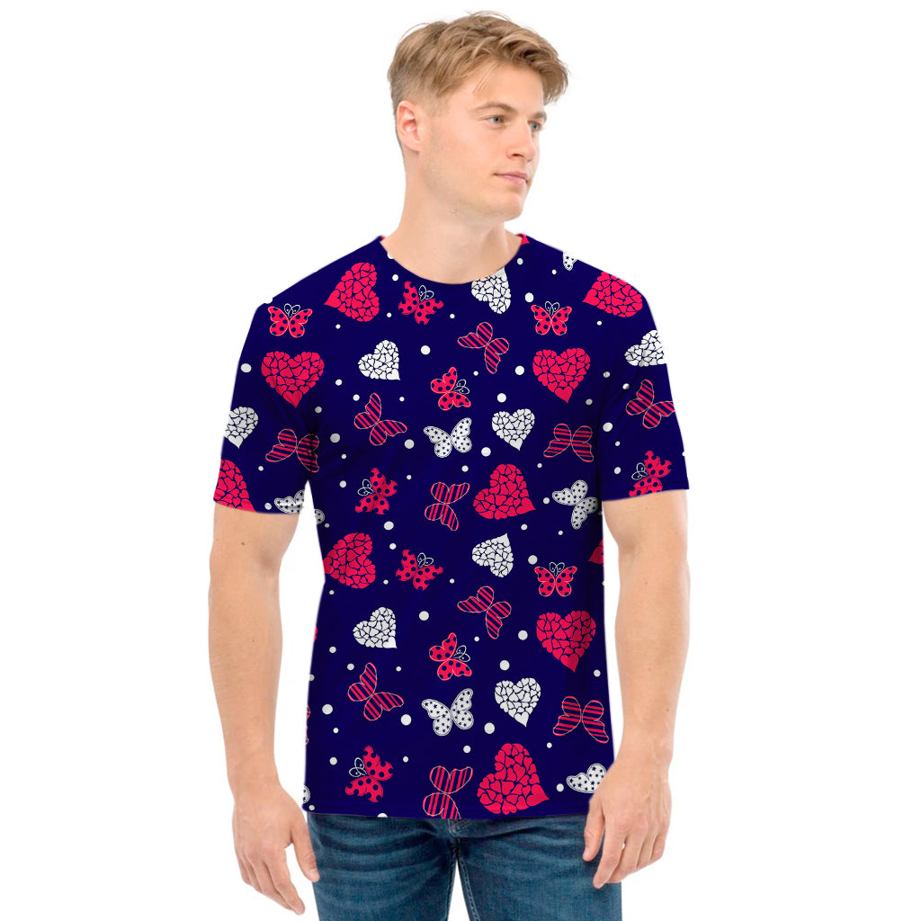 Girly Heart And Butterfly Pattern Print Men's T-Shirt