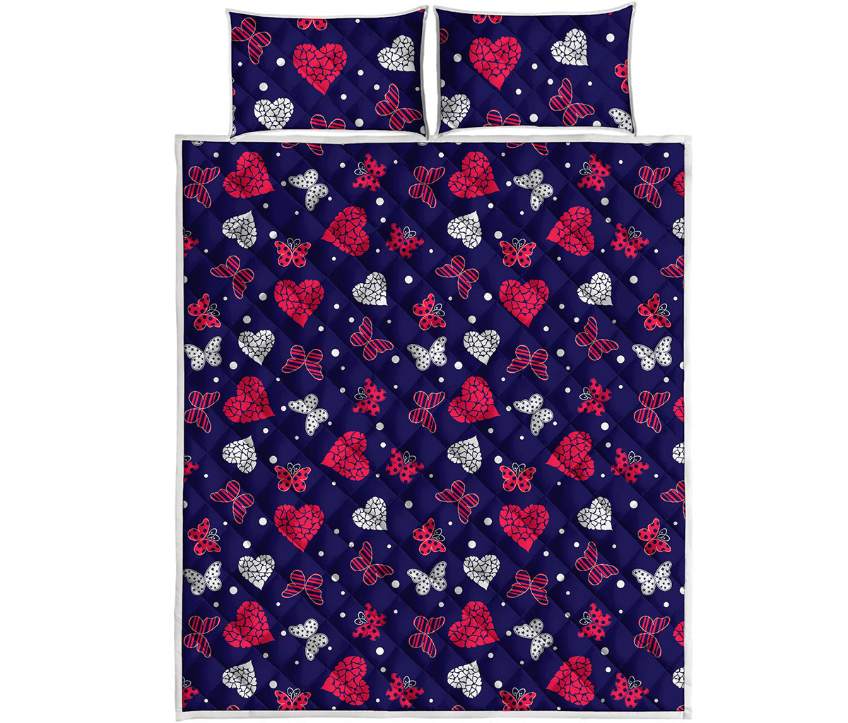 Girly Heart And Butterfly Pattern Print Quilt Bed Set