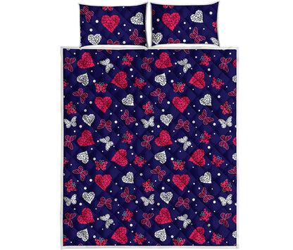 Girly Heart And Butterfly Pattern Print Quilt Bed Set