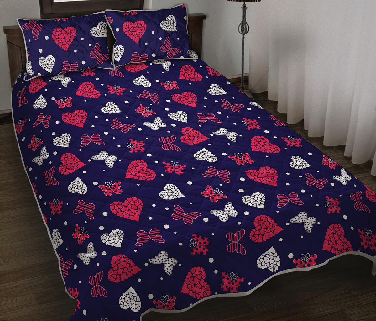 Girly Heart And Butterfly Pattern Print Quilt Bed Set