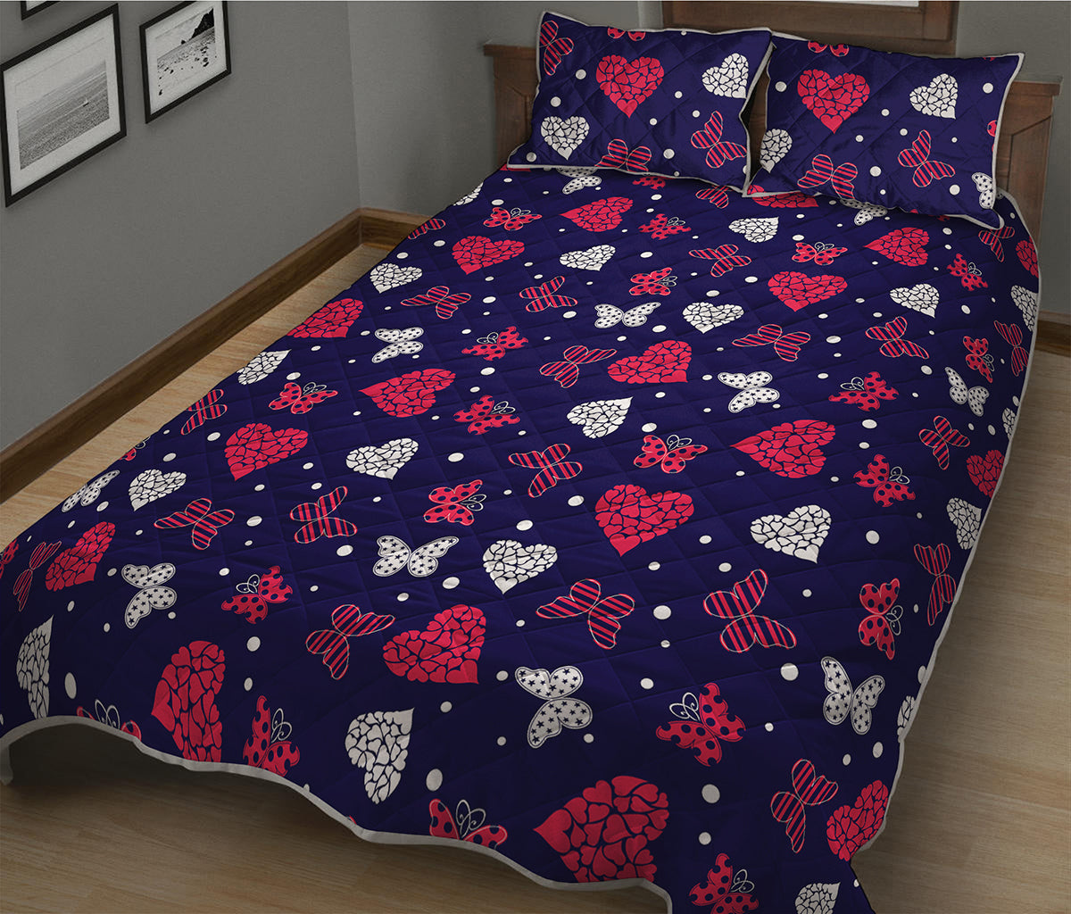 Girly Heart And Butterfly Pattern Print Quilt Bed Set