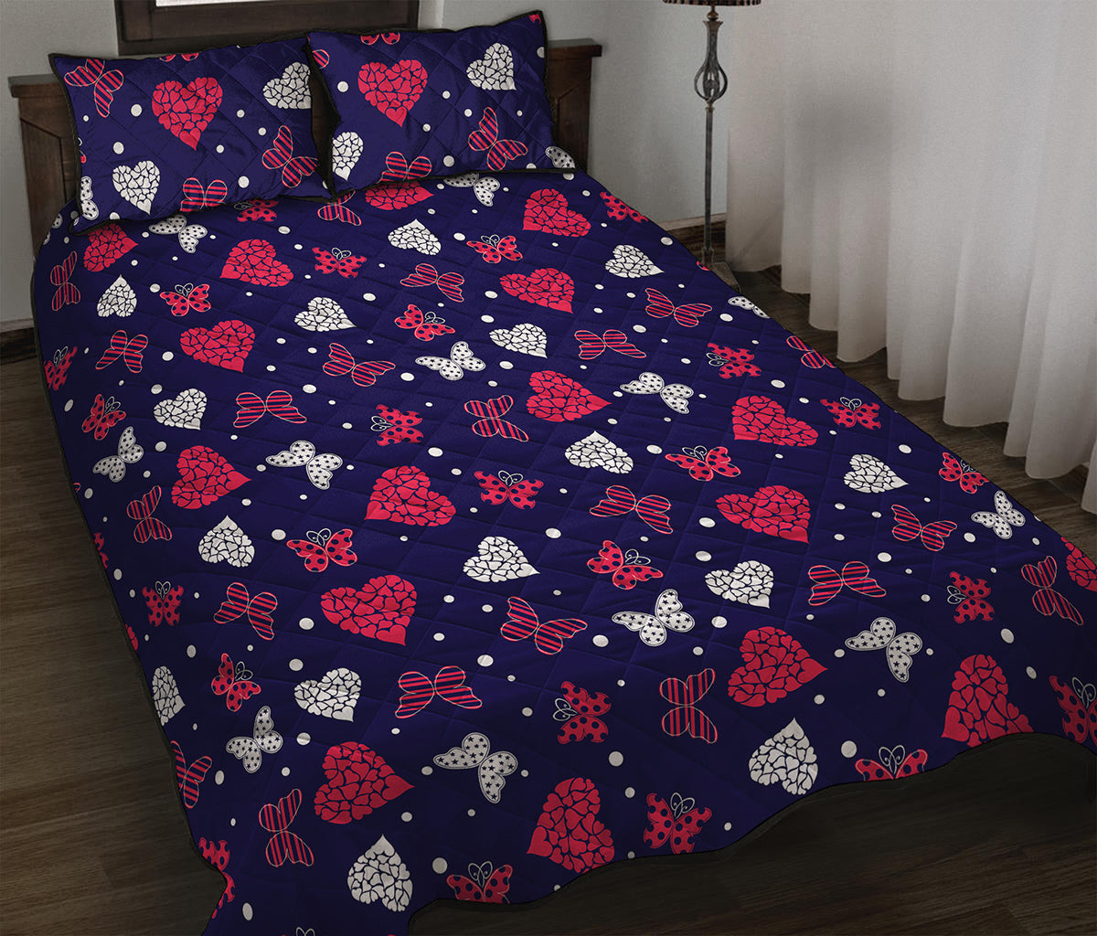 Girly Heart And Butterfly Pattern Print Quilt Bed Set