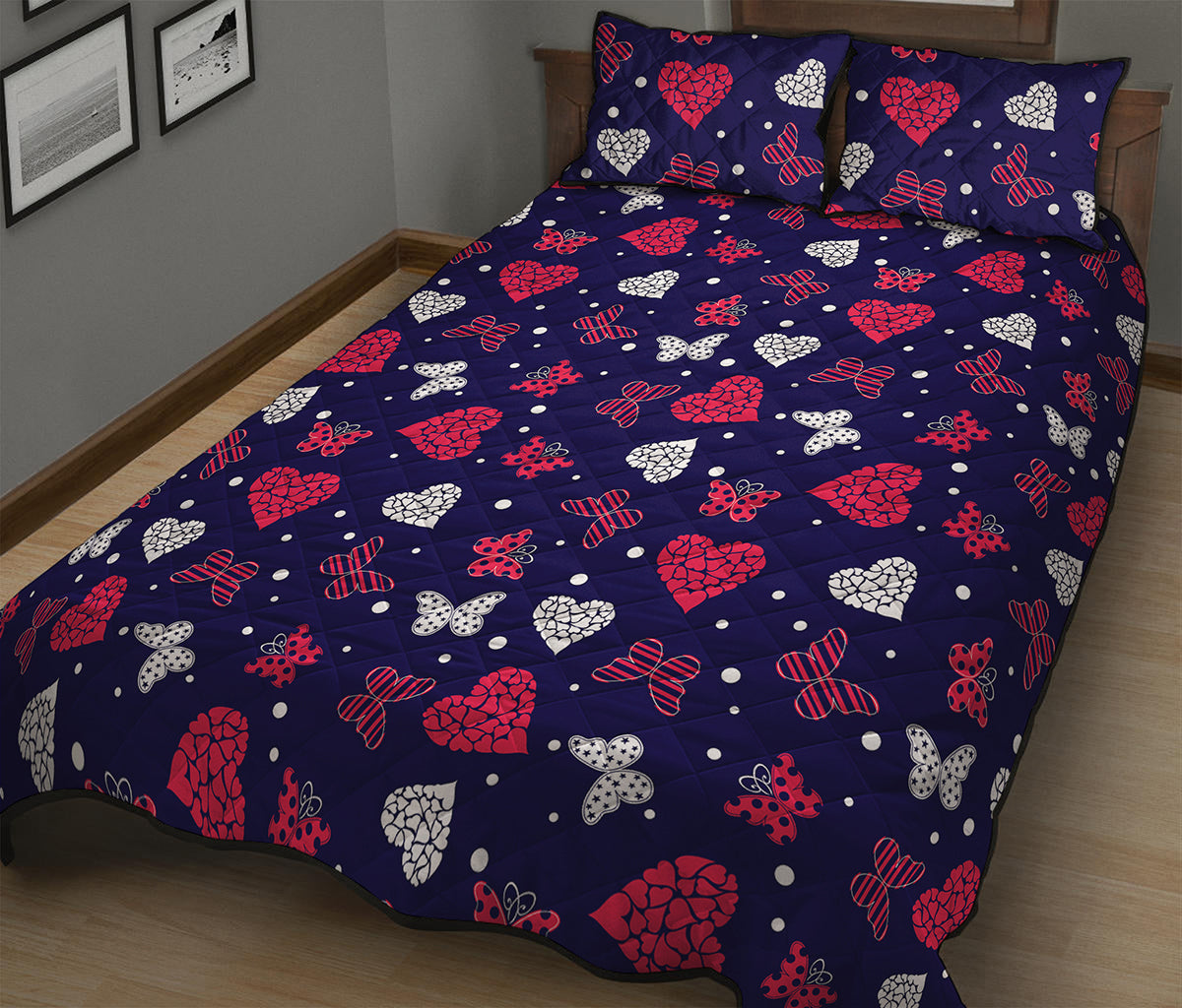 Girly Heart And Butterfly Pattern Print Quilt Bed Set