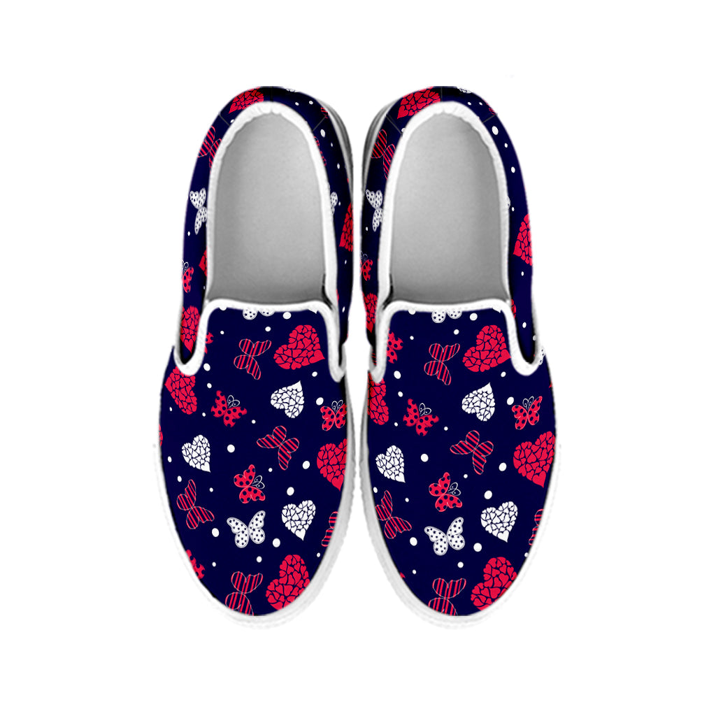 Girly Heart And Butterfly Pattern Print White Slip On Shoes