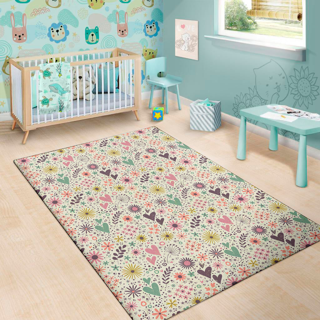 Girly Heart And Flower Pattern Print Area Rug