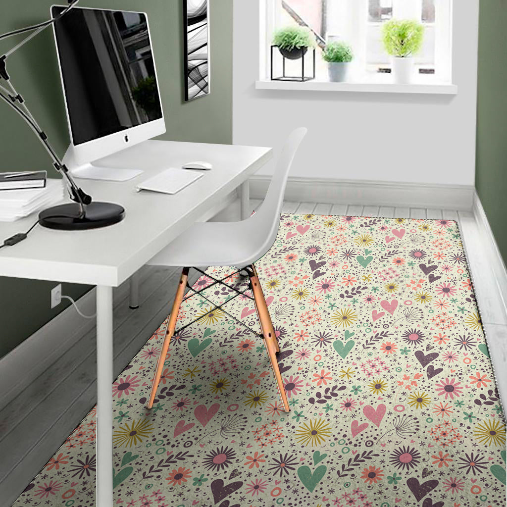 Girly Heart And Flower Pattern Print Area Rug
