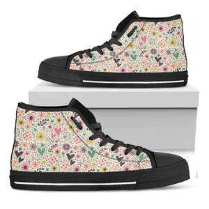 Girly Heart And Flower Pattern Print Black High Top Shoes