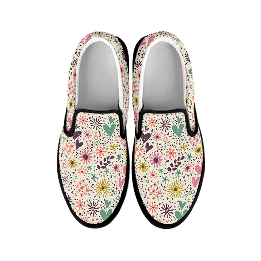 Girly Heart And Flower Pattern Print Black Slip On Shoes