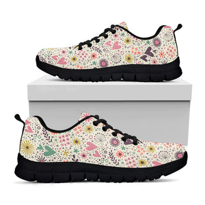 Girly Heart And Flower Pattern Print Black Sneakers