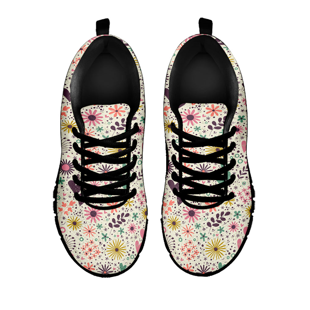 Girly Heart And Flower Pattern Print Black Sneakers