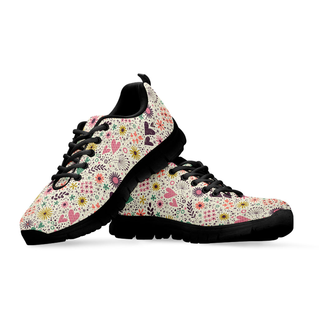 Girly Heart And Flower Pattern Print Black Sneakers