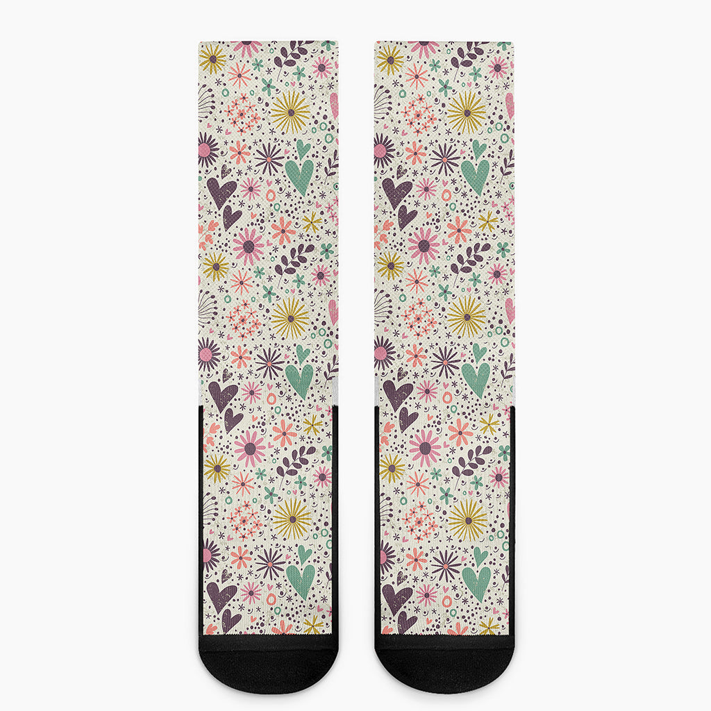 Girly Heart And Flower Pattern Print Crew Socks