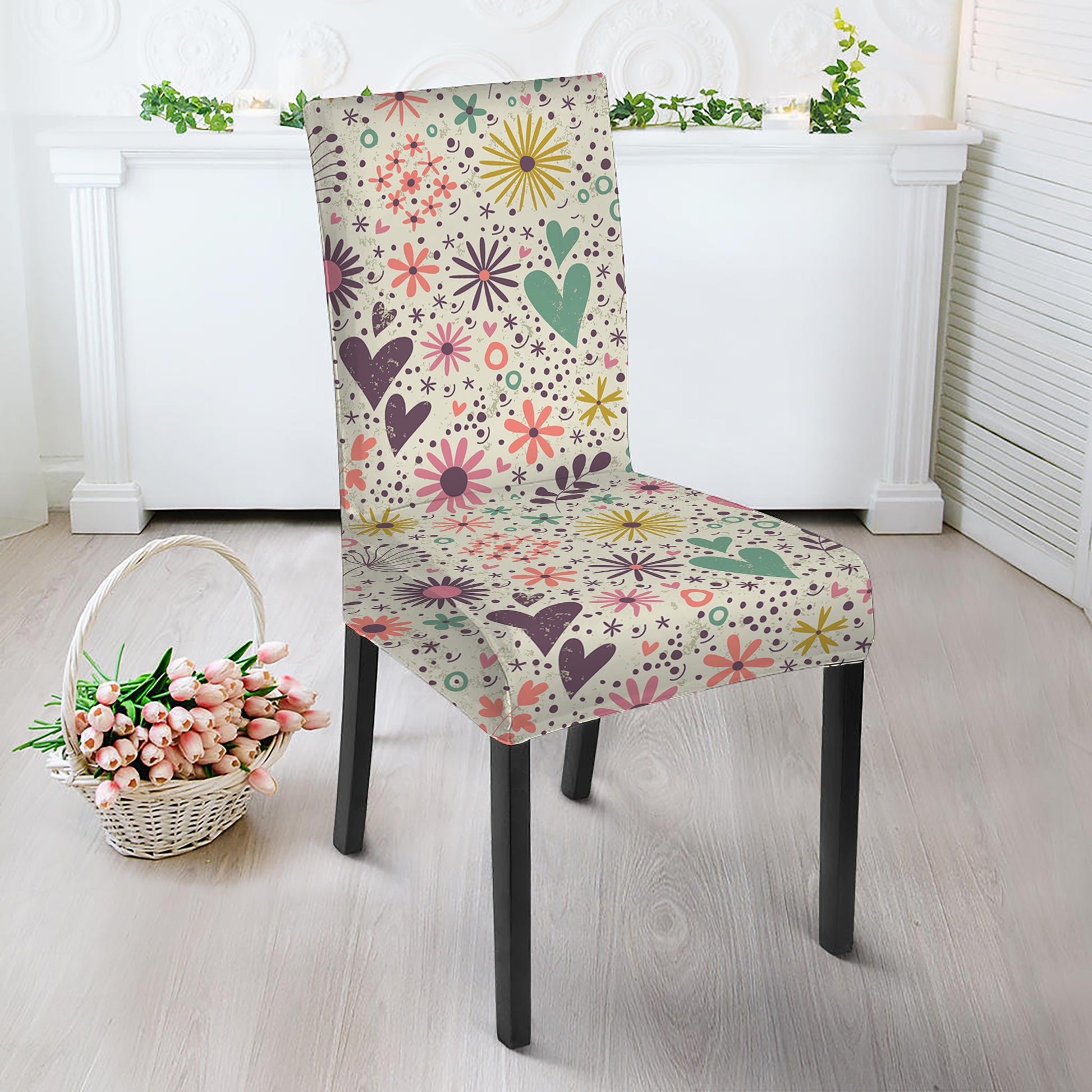 Girly Heart And Flower Pattern Print Dining Chair Slipcover