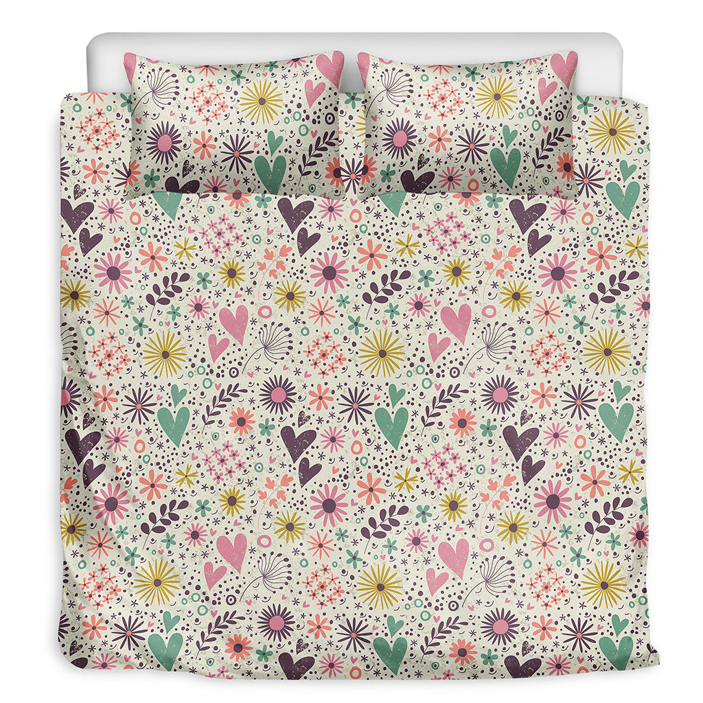 Girly Heart And Flower Pattern Print Duvet Cover Bedding Set