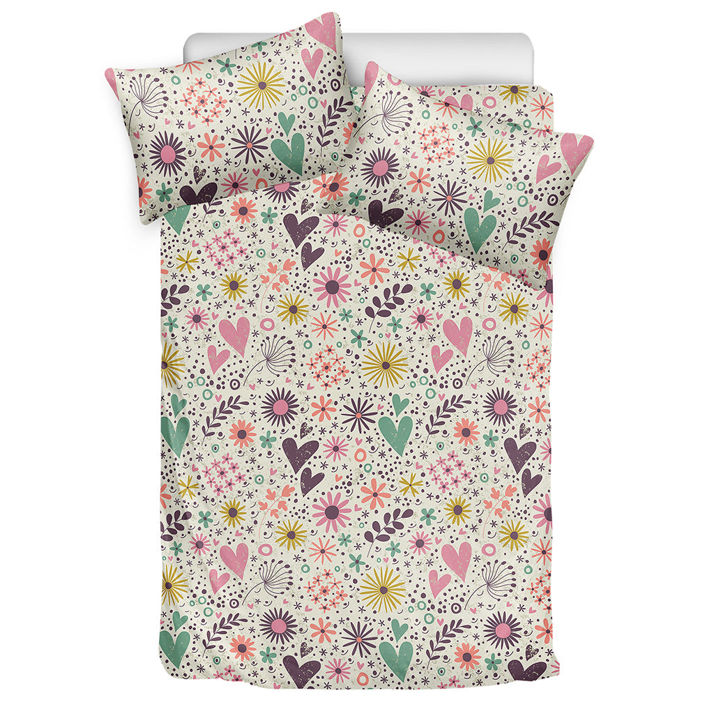 Girly Heart And Flower Pattern Print Duvet Cover Bedding Set