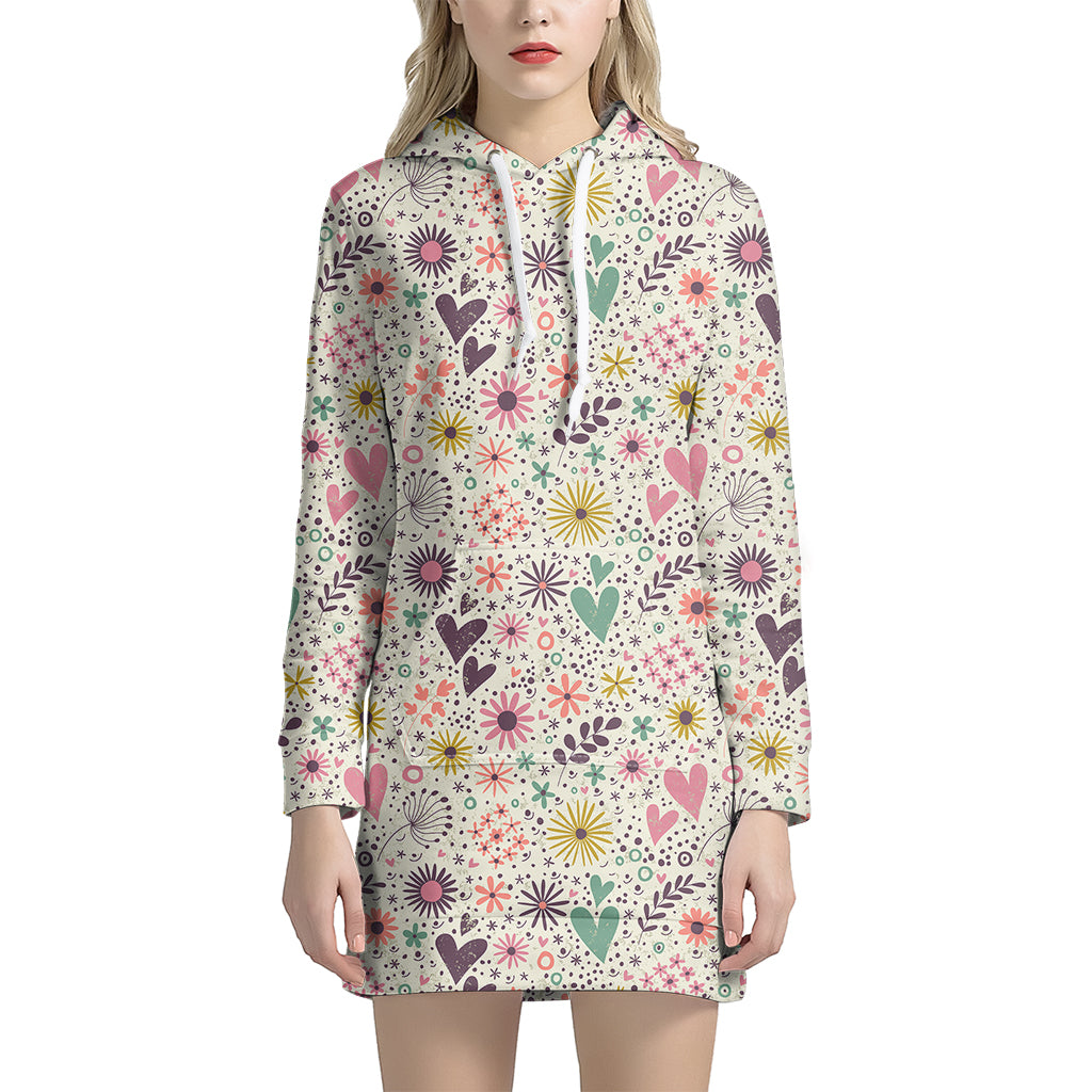 Girly Heart And Flower Pattern Print Hoodie Dress