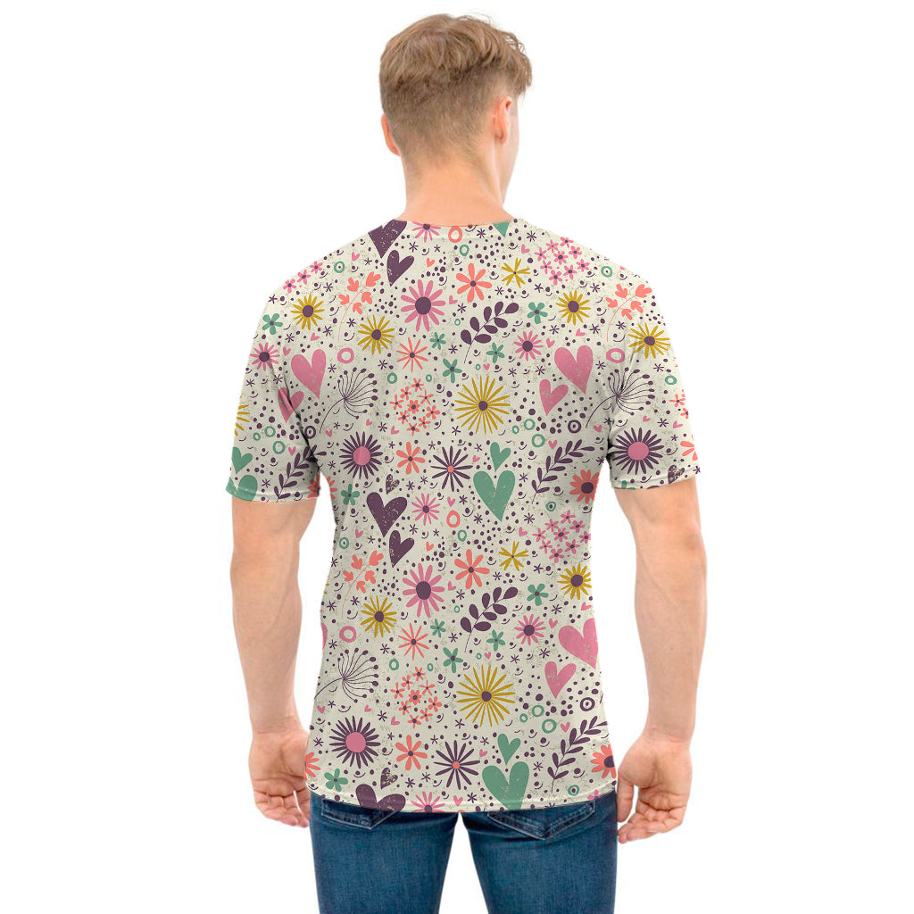 Girly Heart And Flower Pattern Print Men's T-Shirt