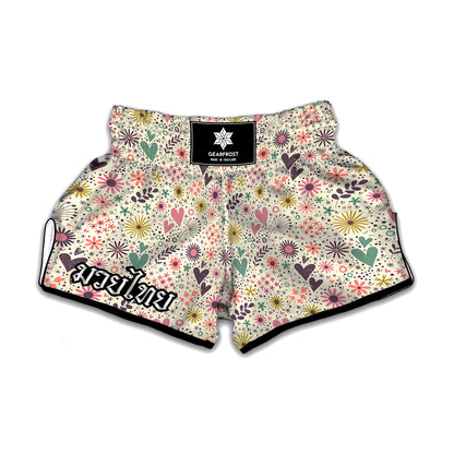 Girly Heart And Flower Pattern Print Muay Thai Boxing Shorts