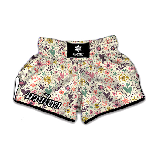 Girly Heart And Flower Pattern Print Muay Thai Boxing Shorts