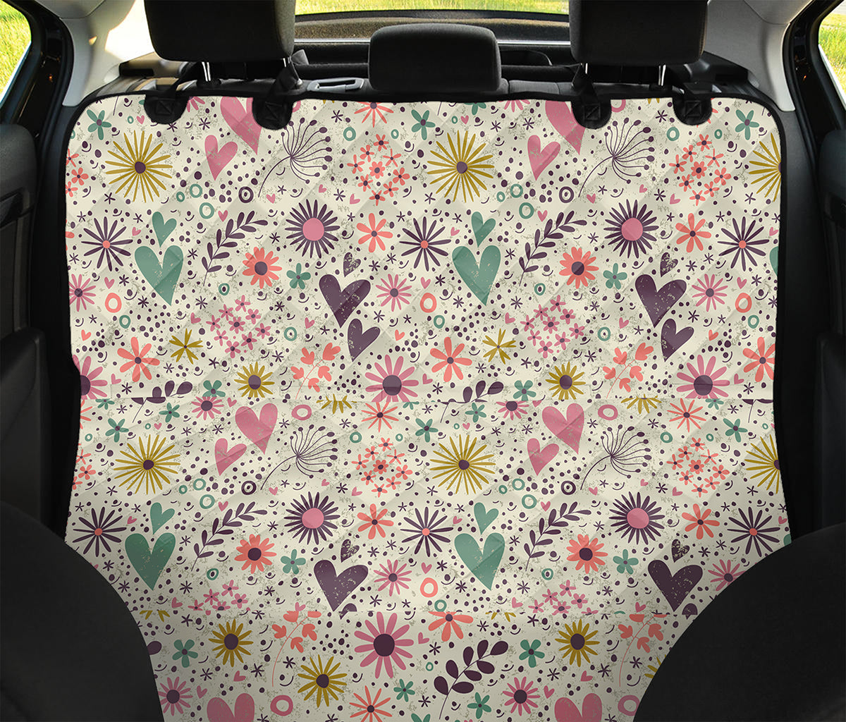 Girly Heart And Flower Pattern Print Pet Car Back Seat Cover