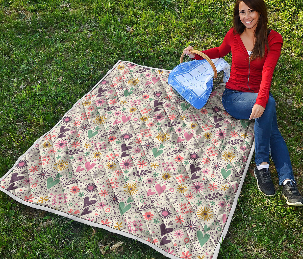 Girly Heart And Flower Pattern Print Quilt