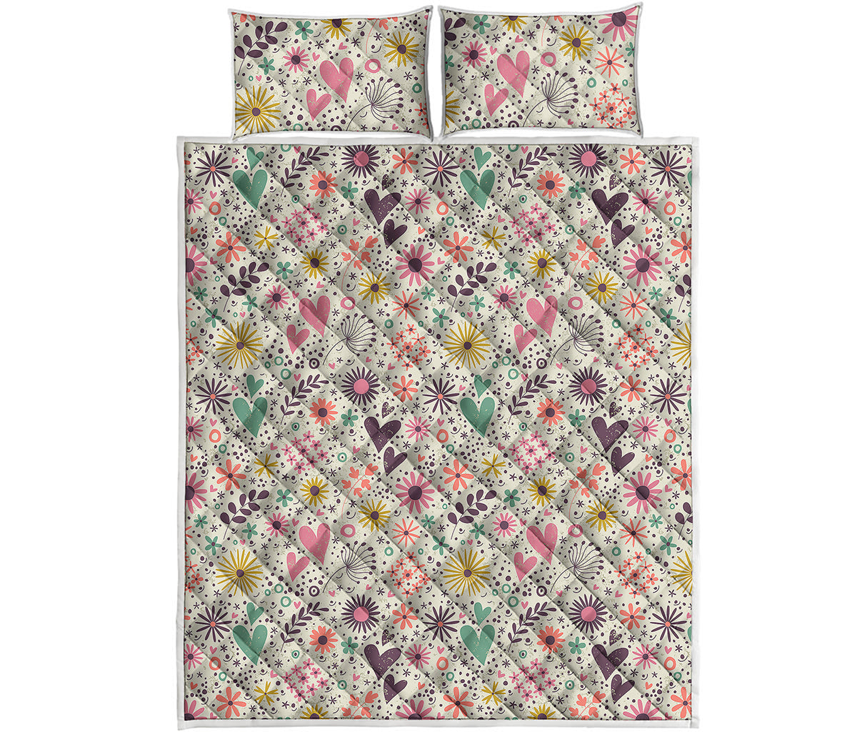 Girly Heart And Flower Pattern Print Quilt Bed Set