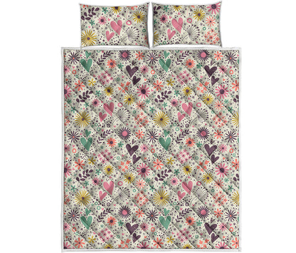 Girly Heart And Flower Pattern Print Quilt Bed Set