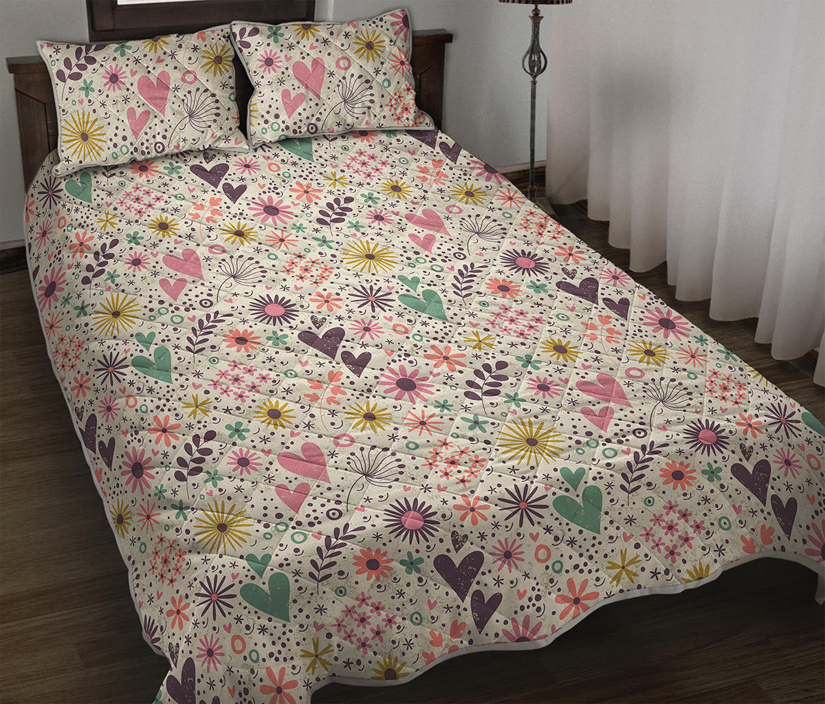 Girly Heart And Flower Pattern Print Quilt Bed Set